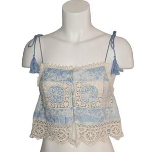 Farm Rio Boho Lace & Crochet Tassel Tie Cropped Cami in Blue & Ivory, Size Small
